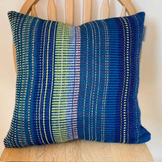 Brilliant Blues and Greens, hand woven cushion cover made using British wool