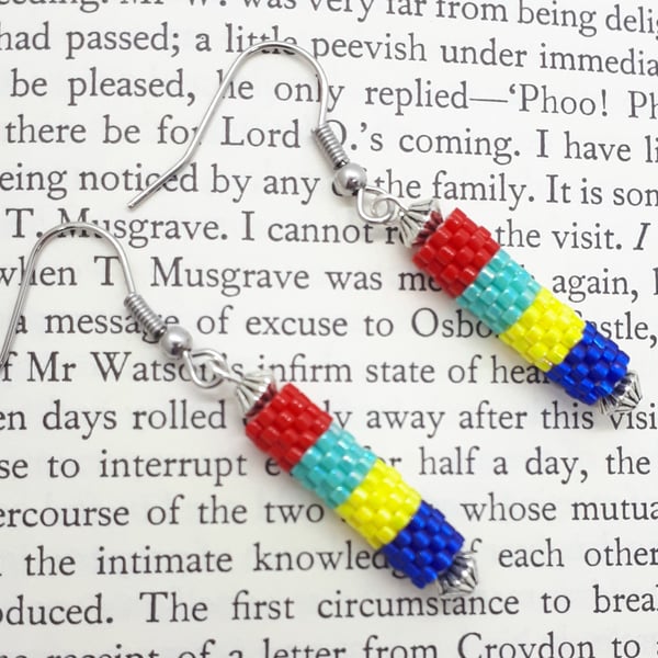 Striped Beadwoven Dangly Tube Earrings, Surgical Steel Earwires