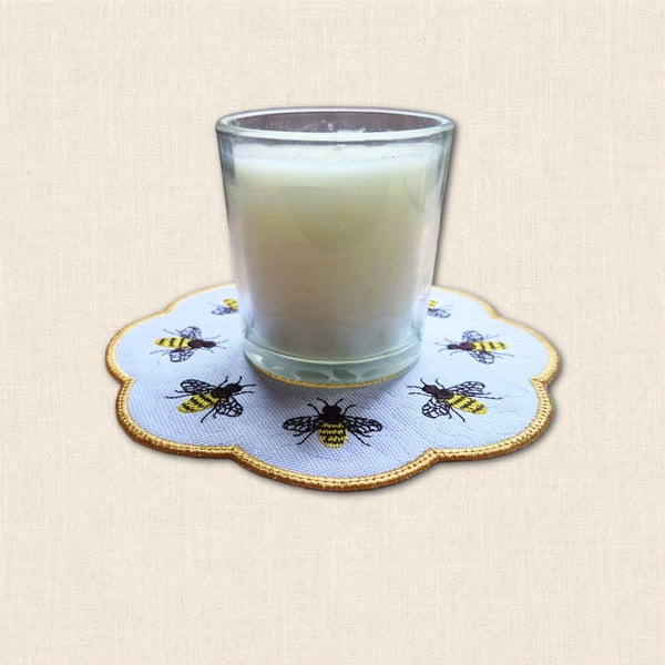 Honey Bee Candle Mat - Embroidered Botanical Home Decor
