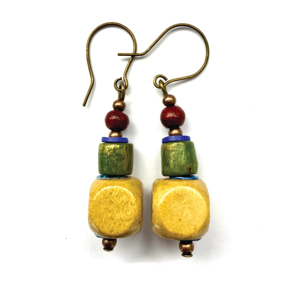 Light Brown Green Dark Brown and Blue Dangle Drop Boho Style Earrings