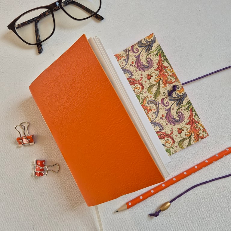 Bright Orange Journal or Sketchbook with Florentine Design Paper Lining