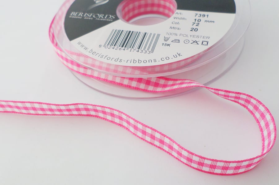 Pink Gingham ribbon 10mm wide x 2 metres 