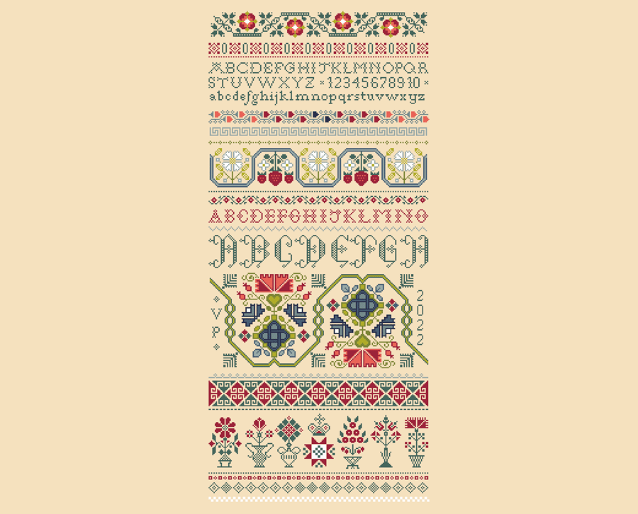 107B - Cross Stitch Quaker LONG Band Sampler Alphabet, flowers, Vases, Borders,