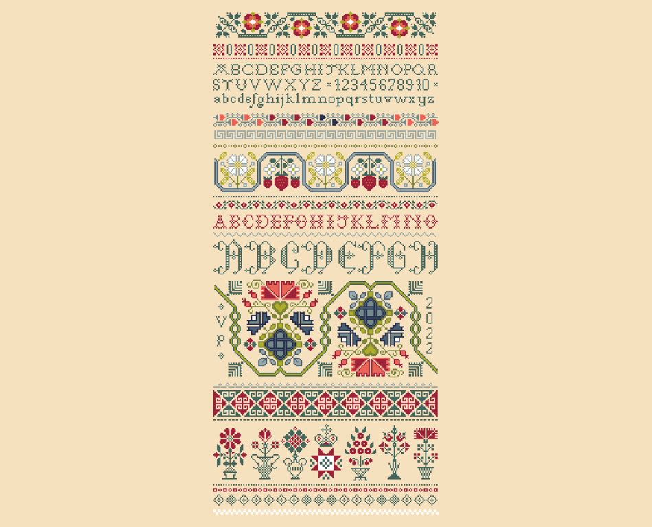 107B - Cross Stitch Quaker LONG Band Sampler Alphabet, flowers, Vases, Borders,