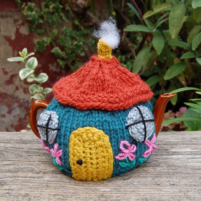 Country cottage tea cosy - hand embroidered, to fit a tea for one or two teapot