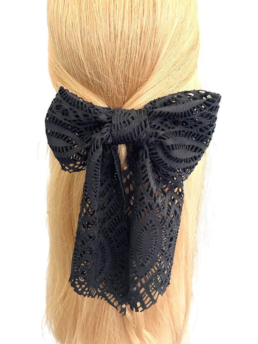 Black lace hair bow French barrette clip