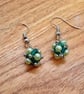 Green 3D beaded bugle and pearl bead cube dangle earrings 