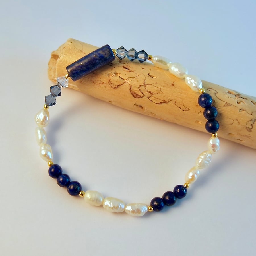 Lapis Lazuli, FW Pearl & Crystal Bracelet, Birthday, Anniversary, Gifts For Her
