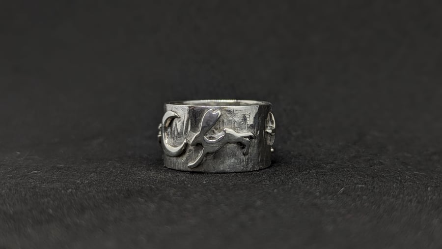 Hares ring, Handmade band ring with stars, moon and hares 