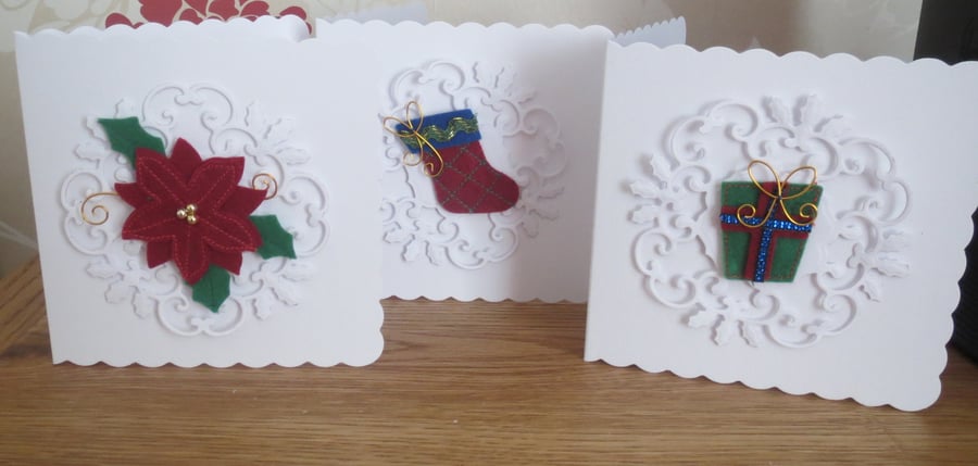 Lovely lace effect Christmas cards handmade set of three