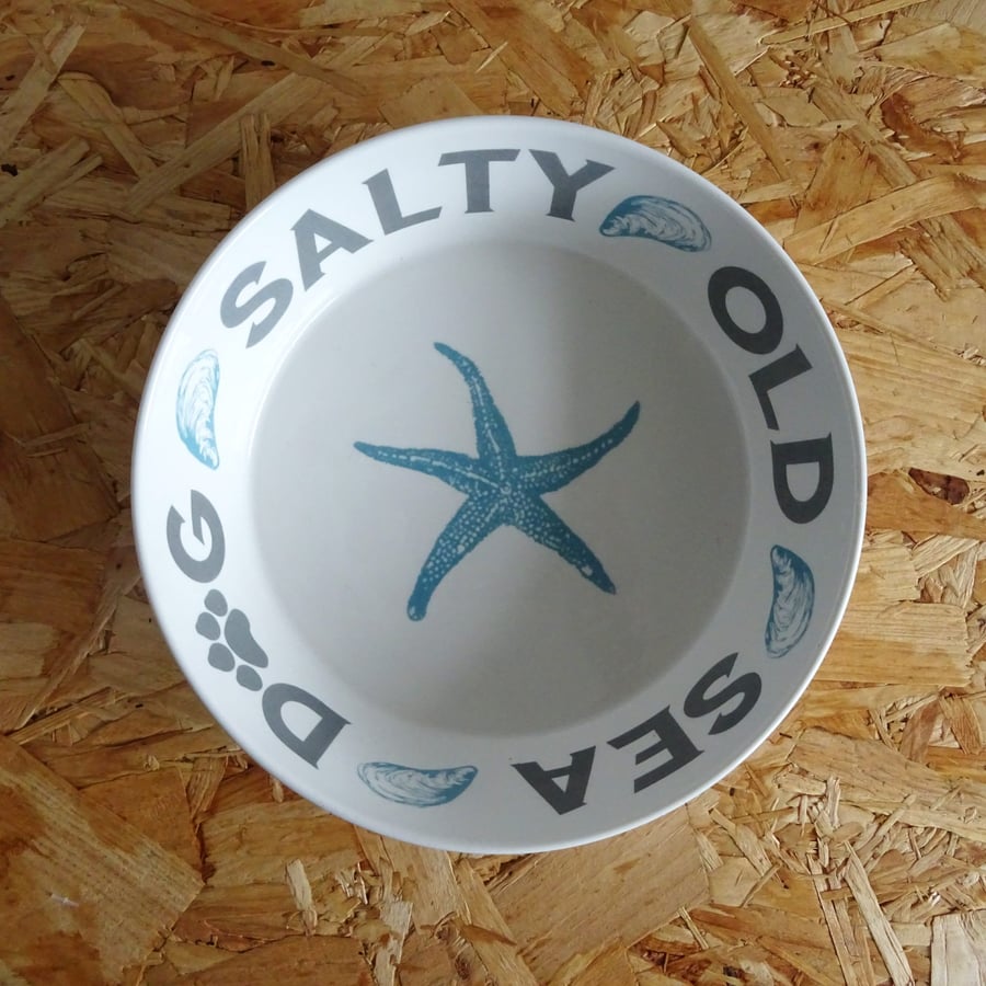 Coastal Dog Bowl - beach style, salty old sea dog, large ceramic pet bowl