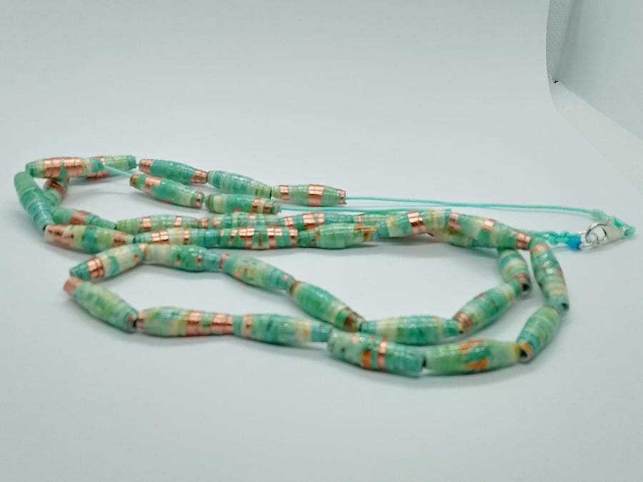 Long handmade aqua summer swirl paper bead necklace