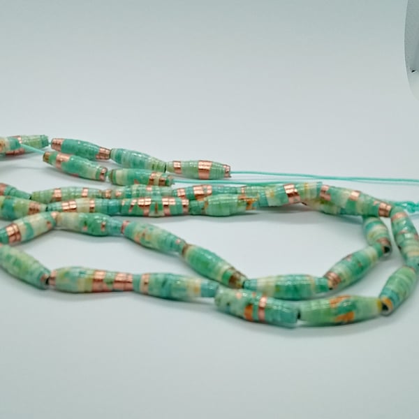 Long handmade aqua summer swirl paper bead necklace