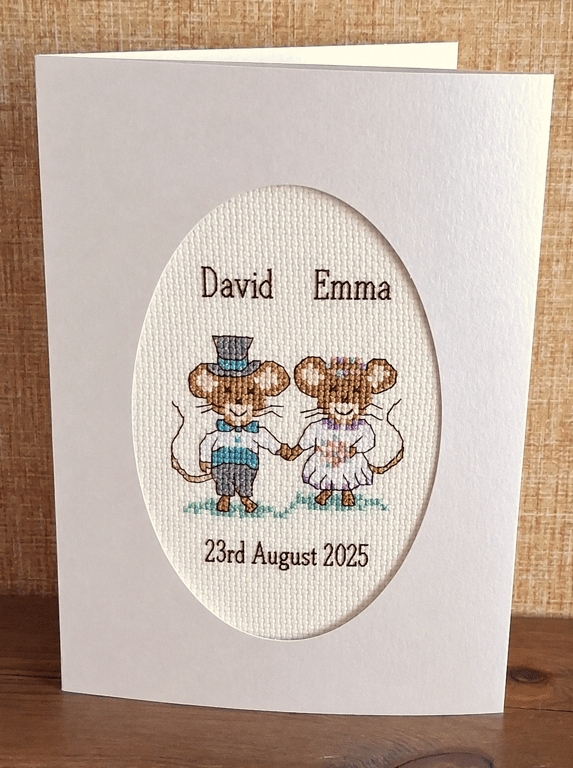 Personalised Wedding Card, Handmade Cross Stitch Card, Bride and Groom Mice