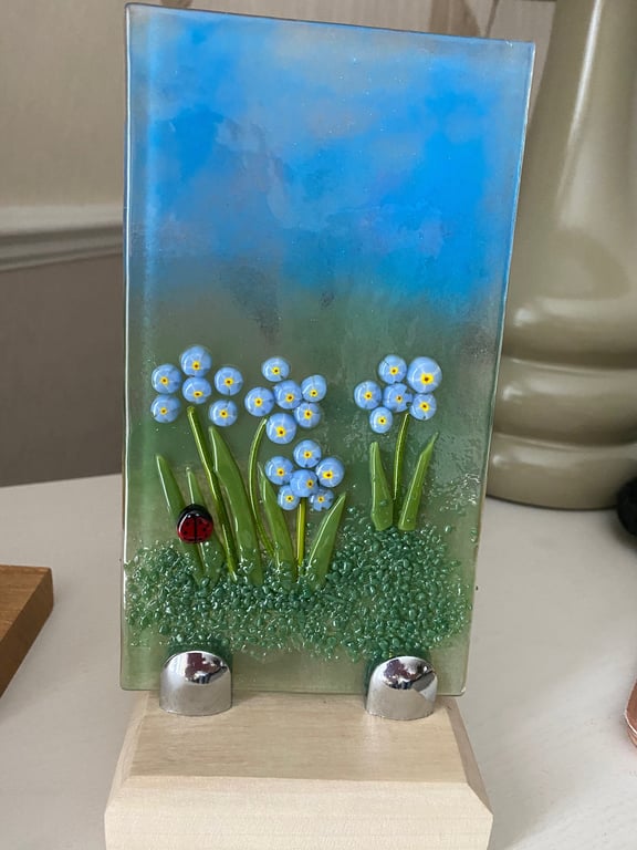 Forget-me-not fused glass panel in a wooden base-forever remember-flowers-gift-M