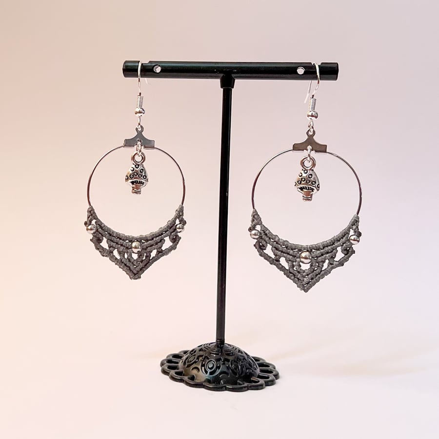 Earrings Boho Macrame Hoop - Shroom, grey FREE UK P&P