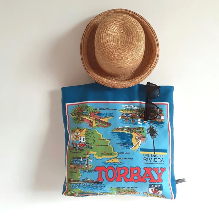 Devon English Riviera beach or tote bag upcycled from a vintage tea towel