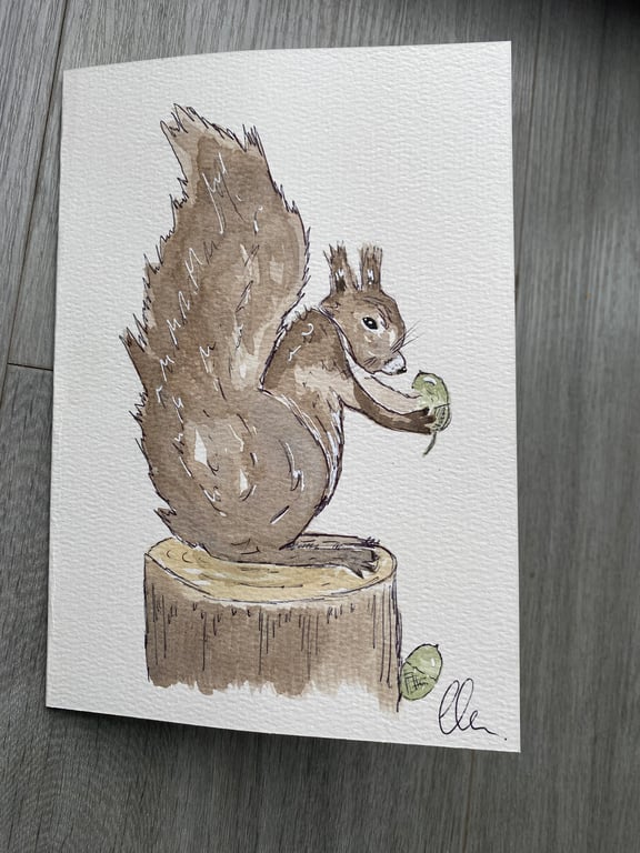 snack time squirrel - Watercolour Greeting Card