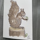 snack time squirrel - Watercolour Greeting Card
