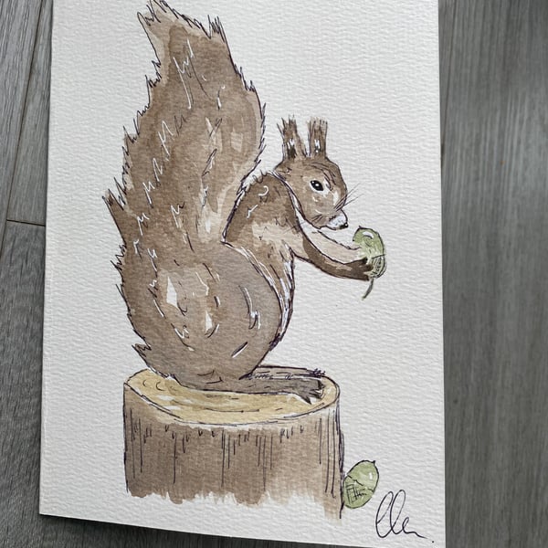 snack time squirrel - Watercolour Greeting Card
