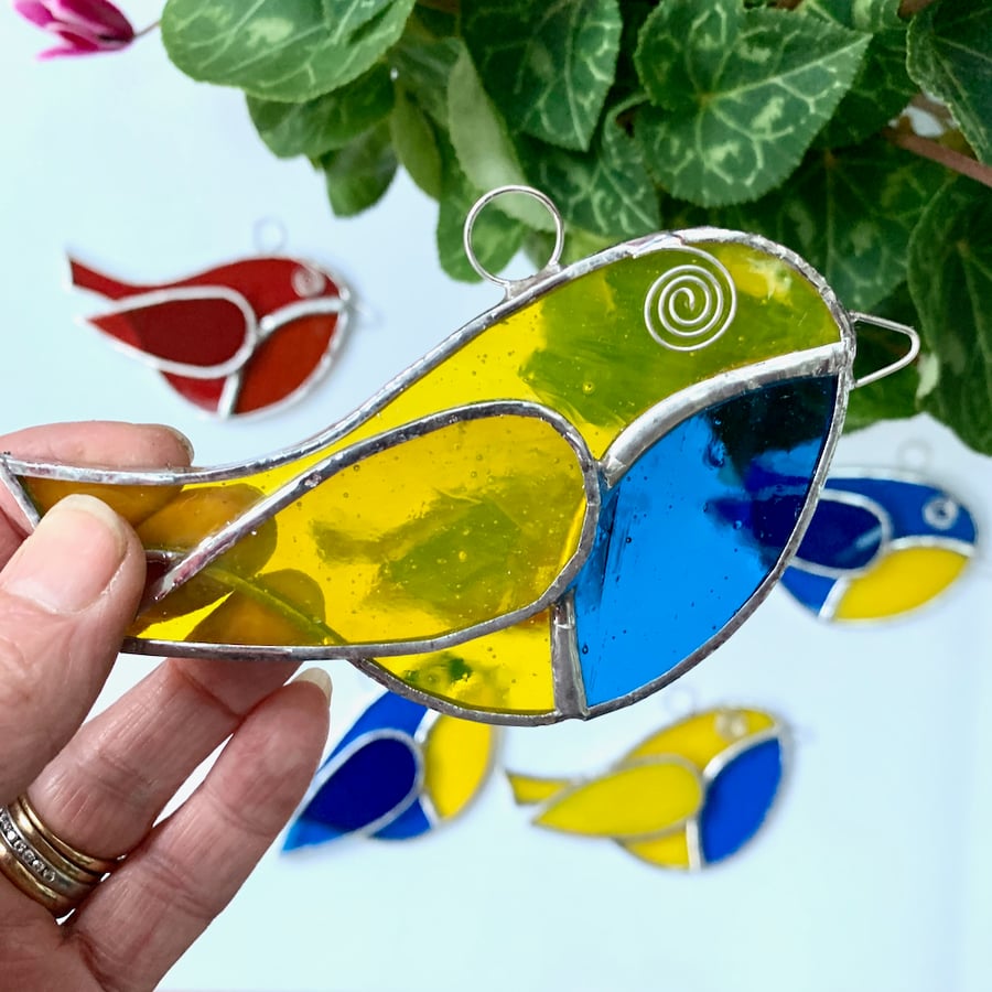 Stained Glass Bird Suncatcher - Handmade Window Decoration - Yellow and Turq
