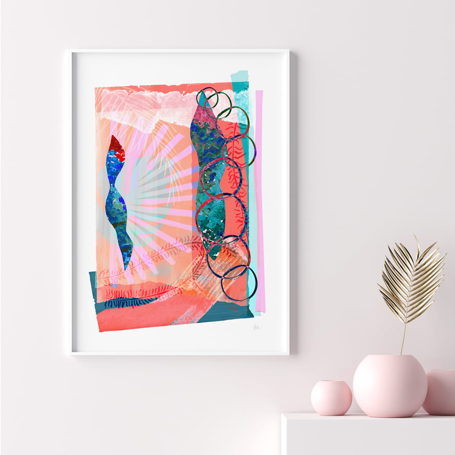 Pink and Blue Abstract Leaf Art Print