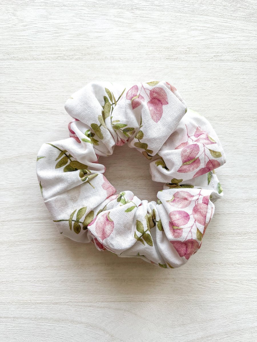 Leafy Floral Cotton Scrunchie, 100% Cotton, Flowery Scrunchies, Hair Accessories