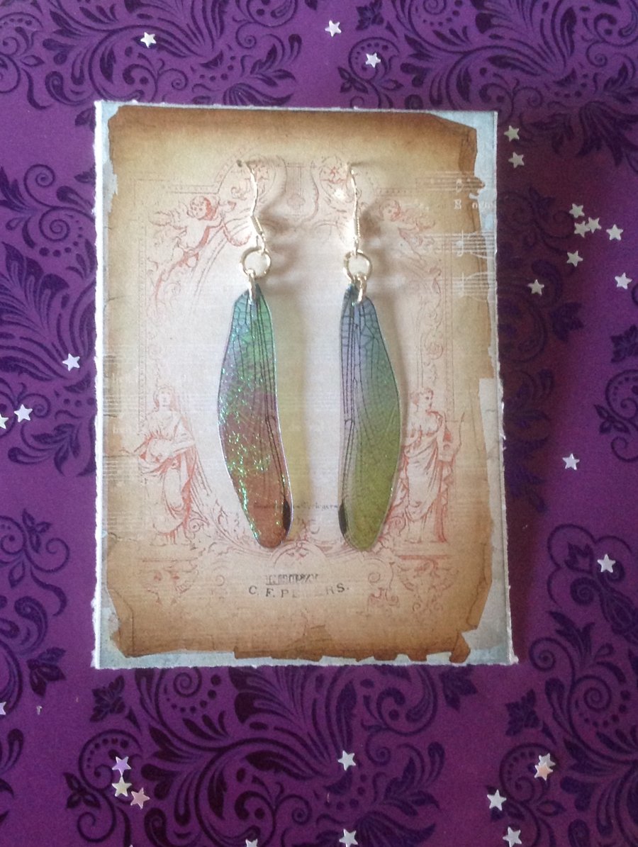 Faux Dragonfly Fairy Wing Iridescent Sterling Silver Earrings - Blue & Green