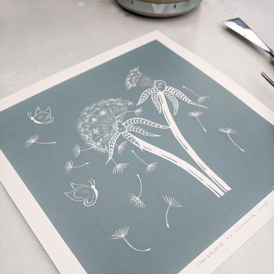 Dandelions and Butterflies Limited Edition Linocut Print, Botanical Art Print