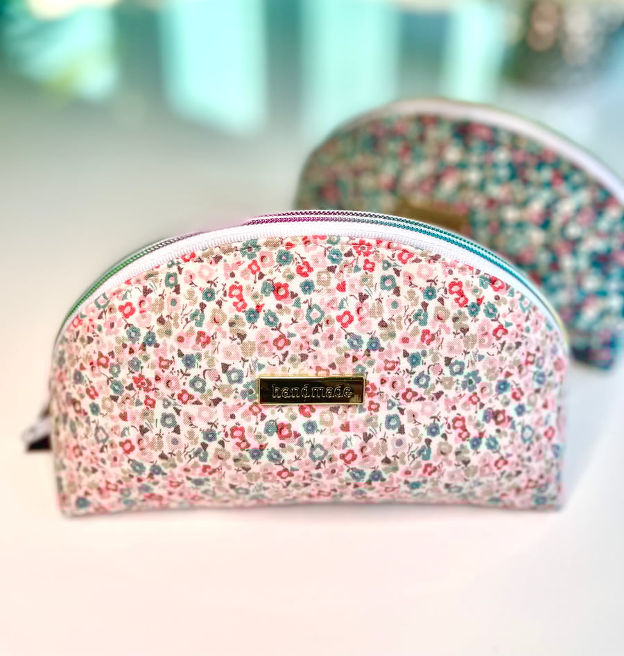 Peach Floral Print Half Moon Makeup Bag