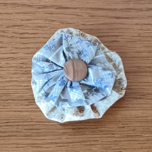 Fabric Button Brooch - Hand Stitched -Beige and Blue with Wooden Button