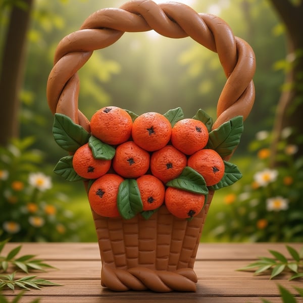 Large Orange Basket Handcrafted wall hanging clay decor fruit basket