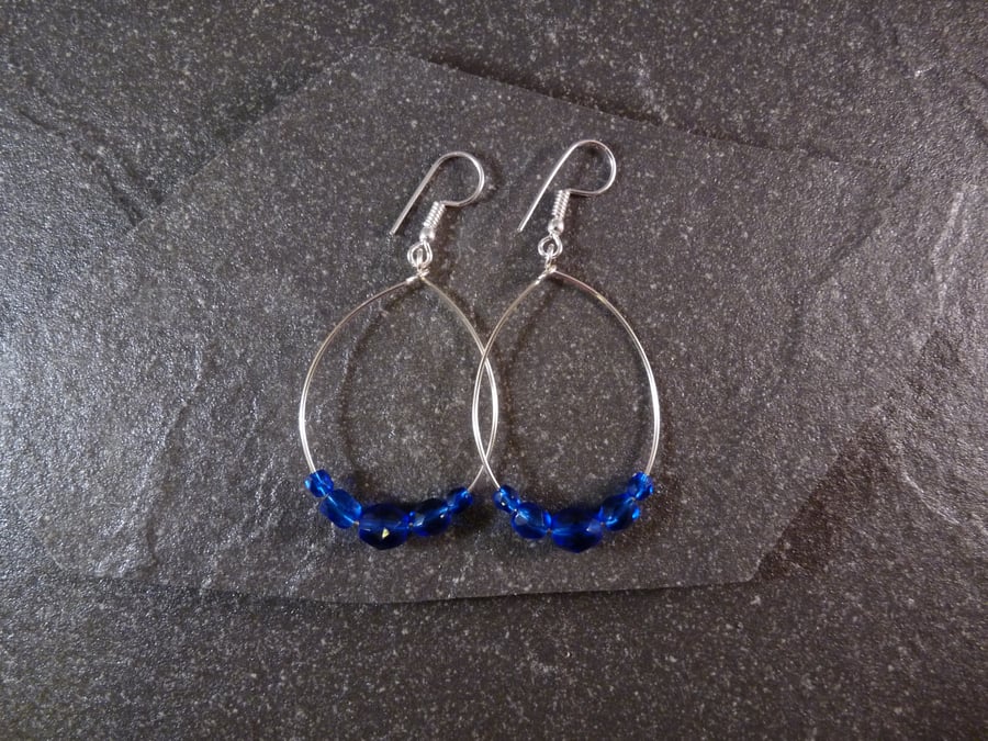 Large Hoop Earrings - Sapphire Blue Faceted Glass - 40mm - Sliver Colour