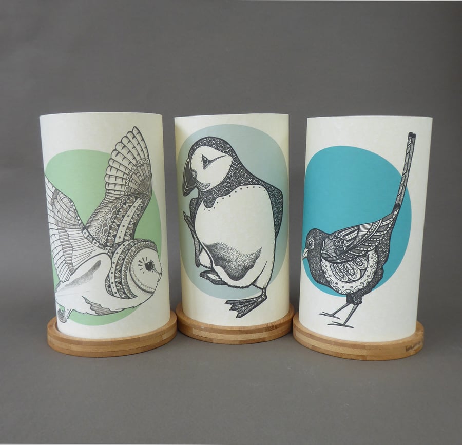Cool colours bird candle covers, Barn Owl, Magpie, Puffin