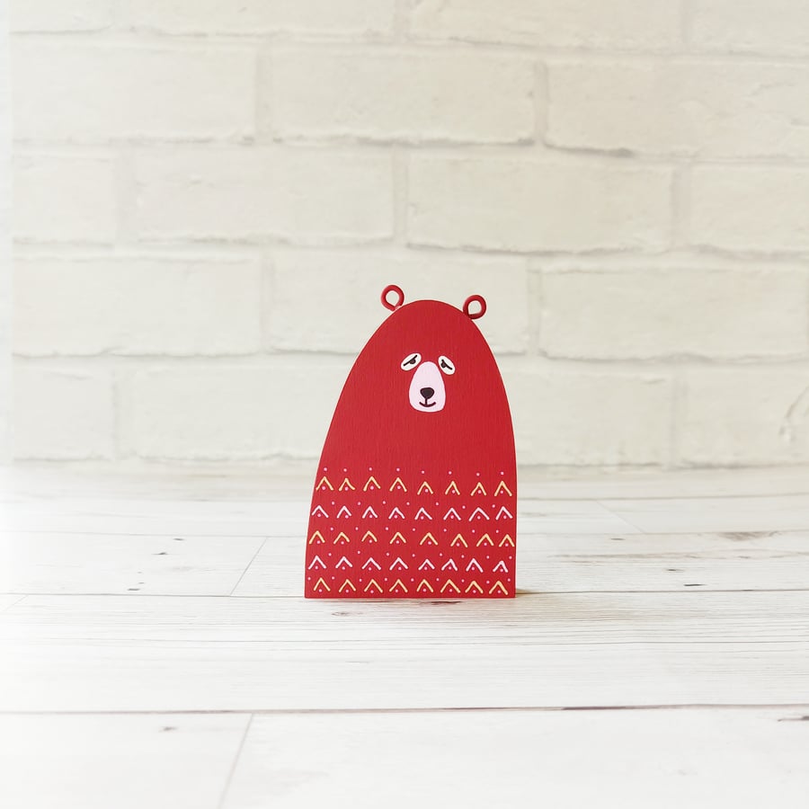 Sleepy Burgundy Bear, Handmade Wooden Bear