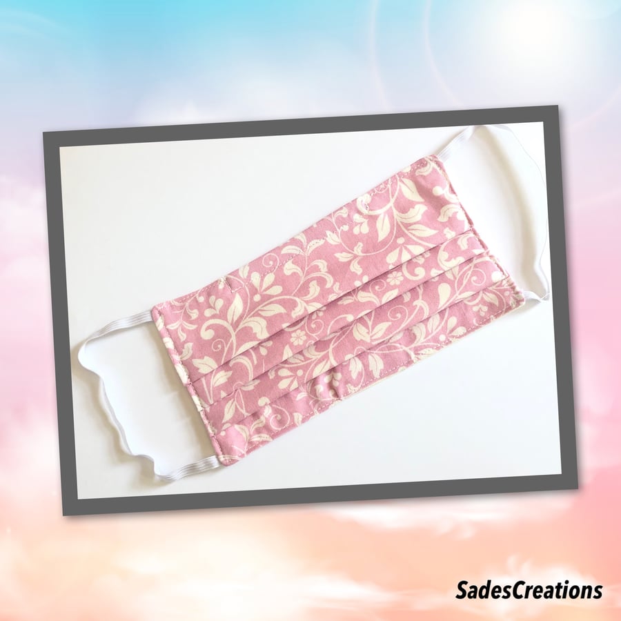 Two Layer Face Covering with Nose Wire in Pink with white leaves. 100% Cotton