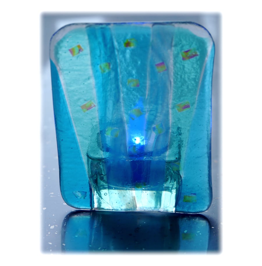 Candle Holder Fused Glass Tea-light  Turquoise Flare 004 Dichroic