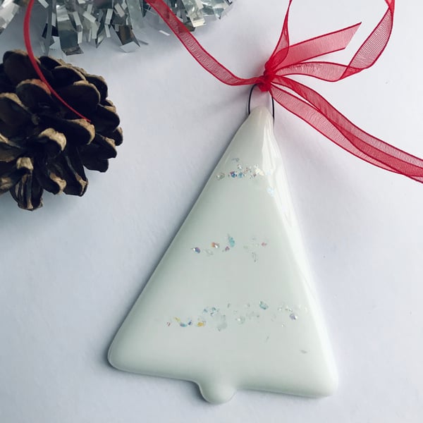 White Christmas tree decorations, fused glass