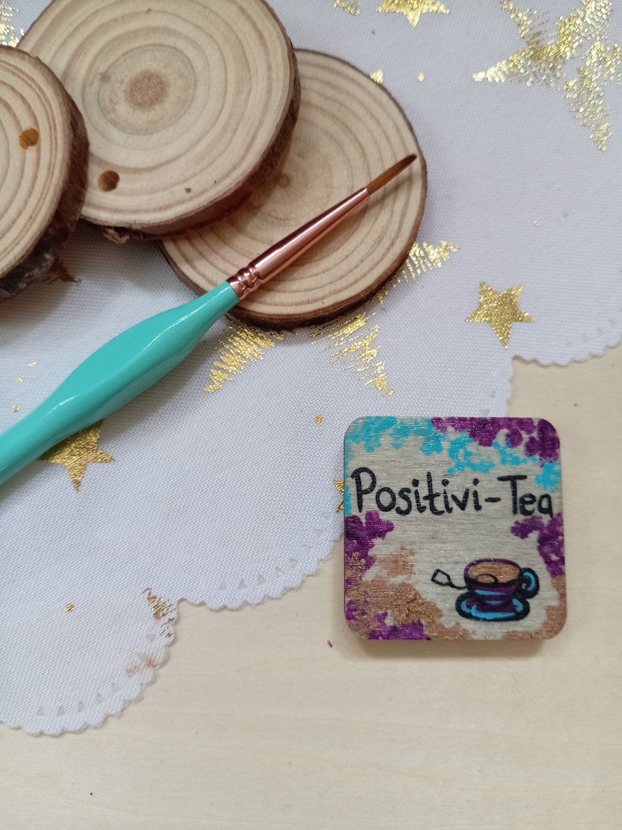 Wooden square shaped positivi-tea fridge magnet 