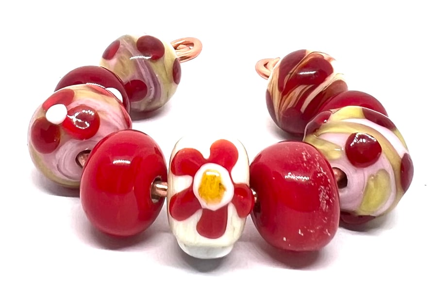9 x Handmade Red and Floral Lampwork Glass Bead Set 