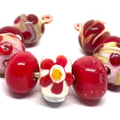 9 x Handmade Red and Floral Lampwork Glass Bead Set 