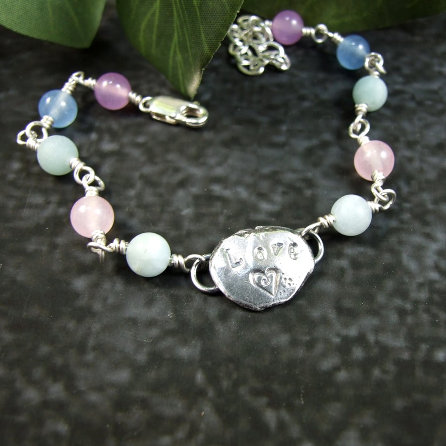 Gemstone Bracelet. Sterling Silver with Recycled Silver Nugget Love & Heart