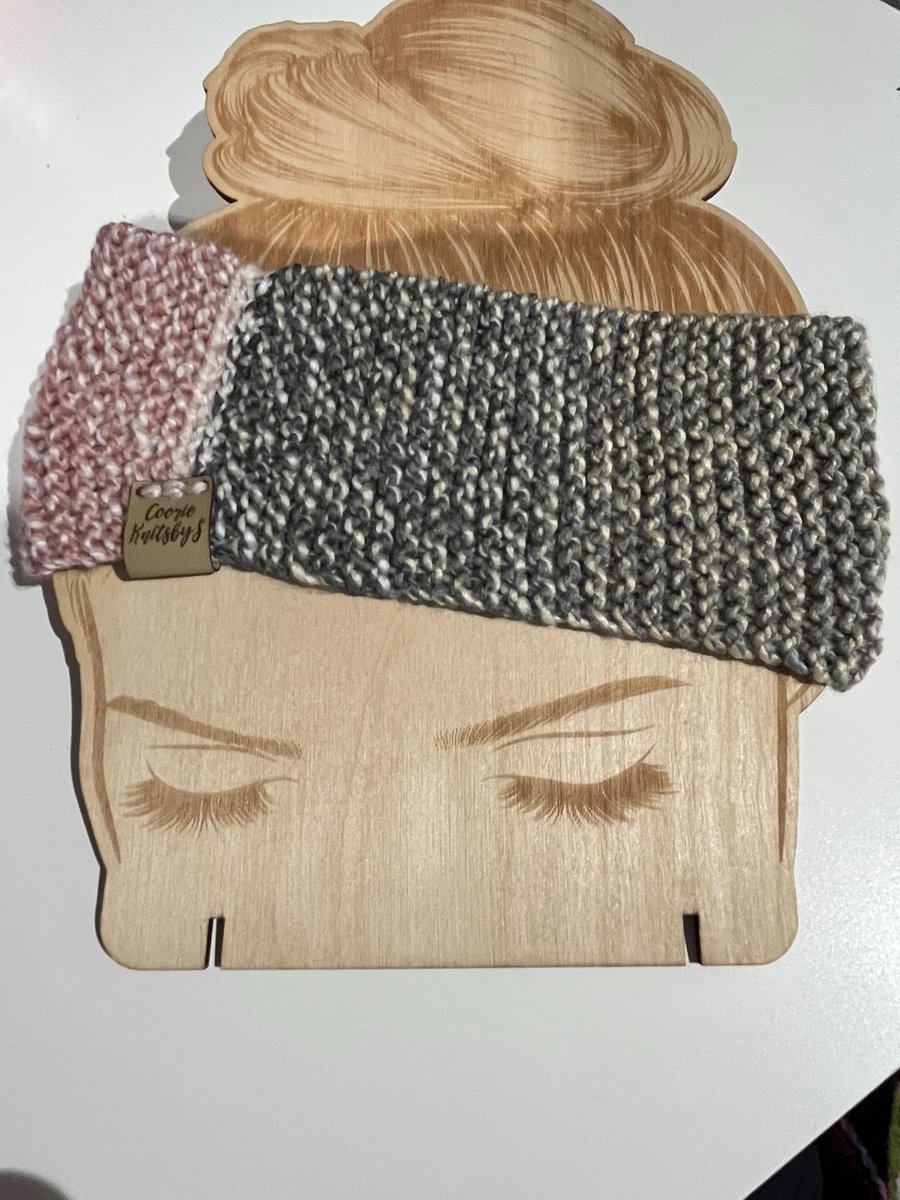 Head warmer Ear warmer Pink and Grey mix wool 52 cms around x 8cms wide 