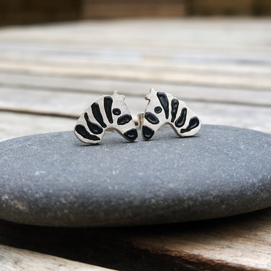 Sterling silver zebra earrings, animal gift, animal jewellery, enamel jewellery