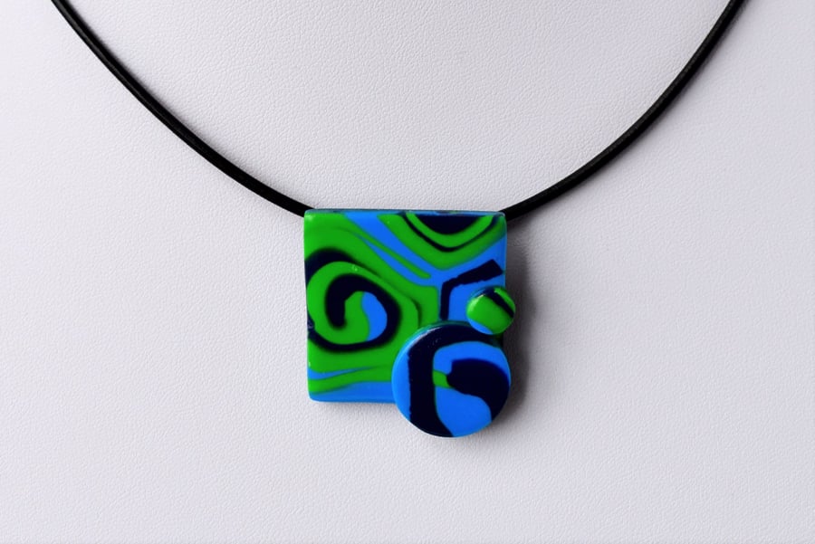Tropical Dream Blue & Green Square Polymer Clay Pendant & Earring Set