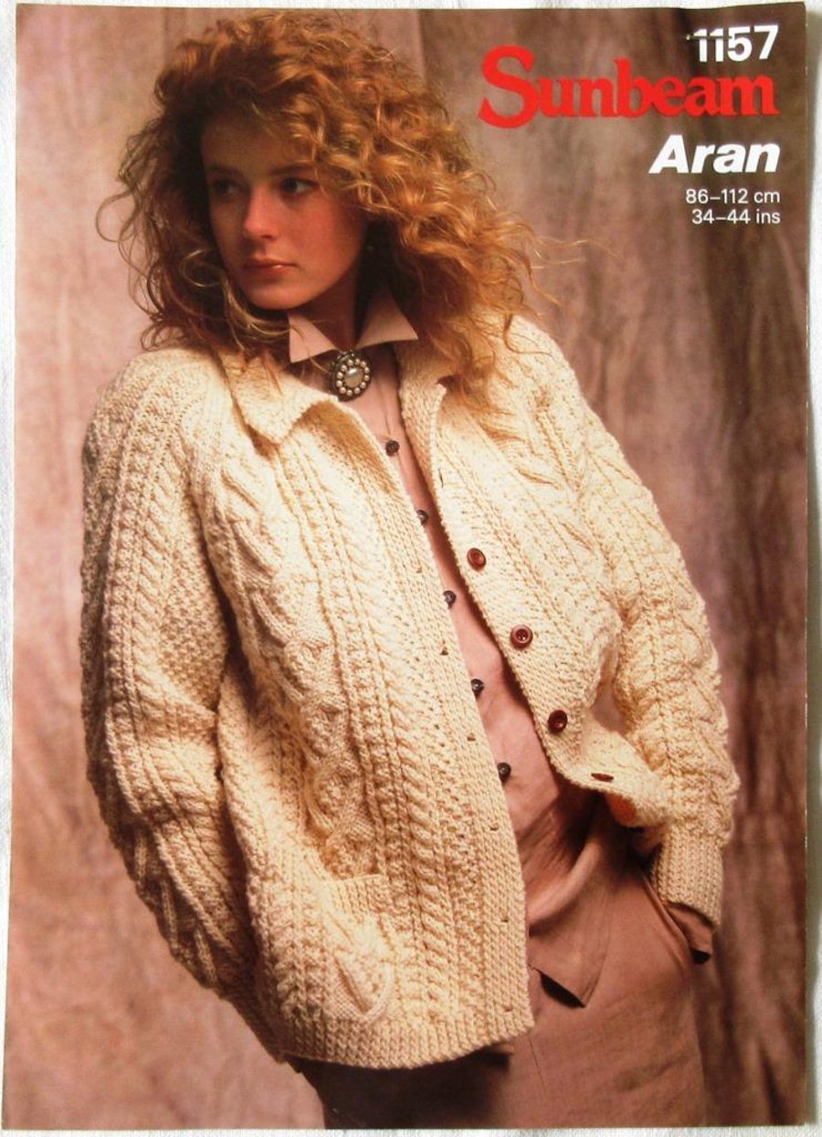 A knitting pattern for a lady's jacket in Aran yarn in 6 sizes (Sunbeam 1157)