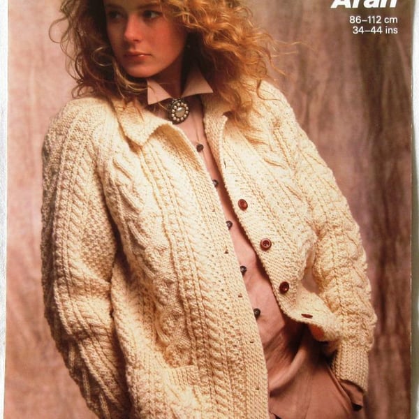 A knitting pattern for a lady's jacket in Aran yarn in 6 sizes (Sunbeam 1157)