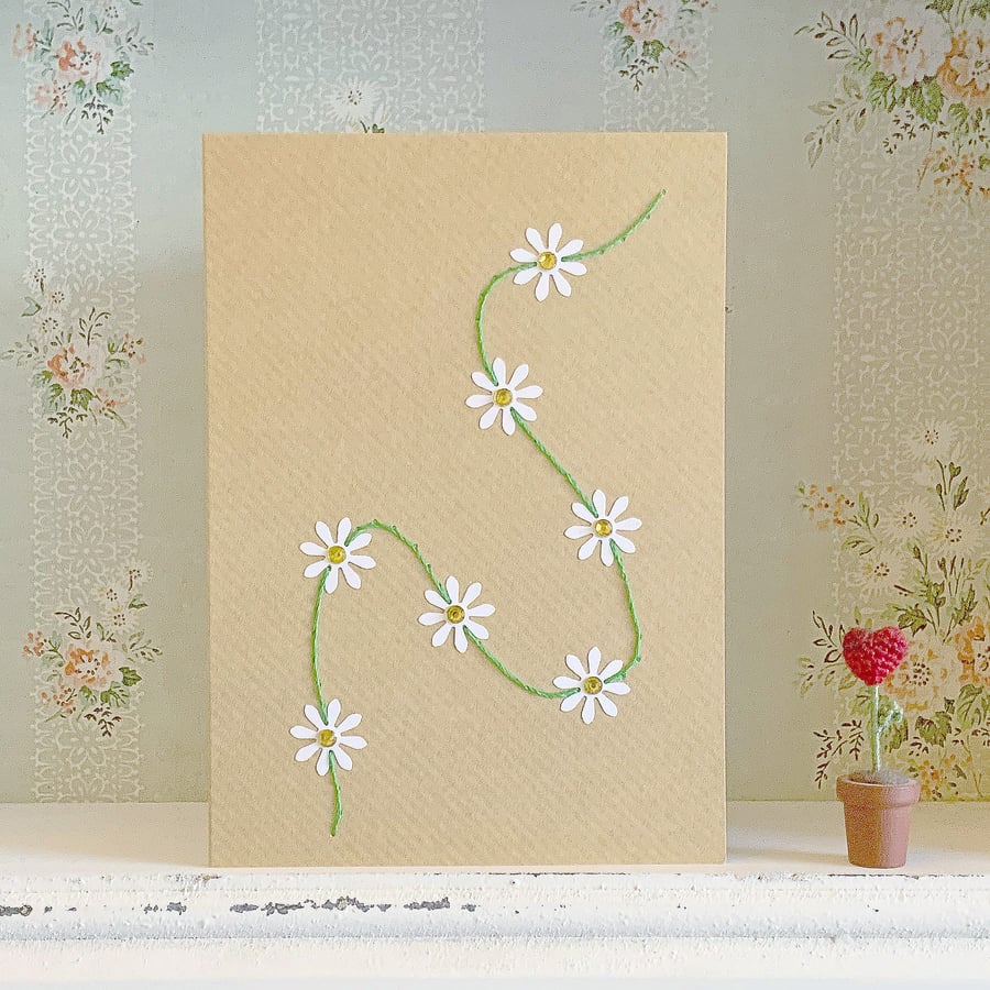 Daisy Chain Card. Hand Sewn Card. Daisy Card. Blank Card. Flower Card. Daisies.