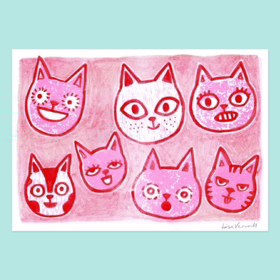 Seven Cats, 2-colour risograph print