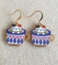  kitsch 18k gold plated earrings with cute kitsch cat in tea cup charms blue